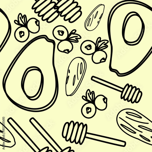 seamless flat vector pattern featuring fresh avocado halves, berries, nuts, and vegetables. A healthy superfood lifestyle concept with organic fruits, vibrant colors, and nutritious breakfast ideas