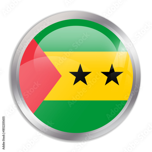 Sao Tome and Principe flag - glossy circle button in metal frame displays a colorful flag of a country cultural identity and heritage. The essence of national pride and unity.