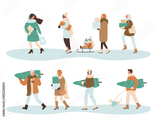 People with Christmas gifts vector illustration. Cartoon woman man characters carrying bags and boxes presents, Christmas tree for home Xmas party celebration of winter holidays isolated on white