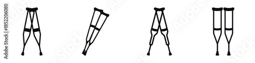 Crutches Silhouette Icons Set – Medical Walking Aid Vector Illustration for Injury Recovery, Rehabilitation Support, Mobility Assistance, Orthopedic Care, and Healthcare Design