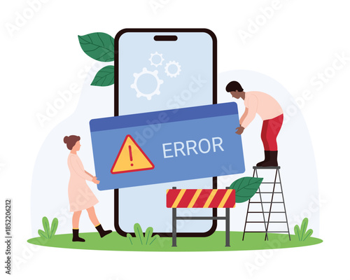 Notification of unavailable or wrong operation, phone error. Tiny people holding alert message of digital security system at big smartphone and construction barrier cartoon vector illustration