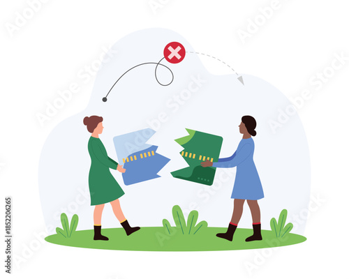 Failed money transaction, declined free or cancel bank payment, ban of customer, bankruptcy. Tiny people breaking up plastic credit card, destroy and cut broken chip cartoon vector illustration