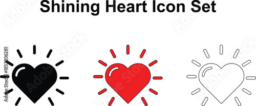 Shining Heart Icon Set with Sun Rays in Silhouette Red and Outline Styles