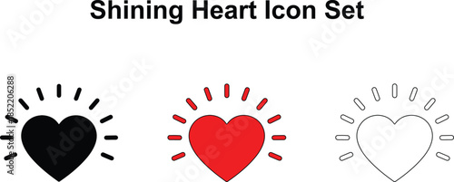 Shining Heart Icon Set. Vector Love Symbols with Sunburst Rays