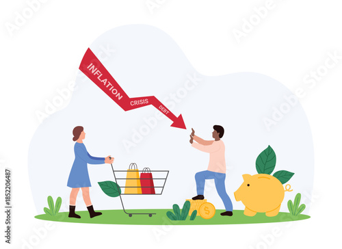 Impact of financial crisis on family budget, stock market profit reduction. Tiny man holding red arrow of debt and economic inflation falling down to prevent loss of money cartoon vector illustration
