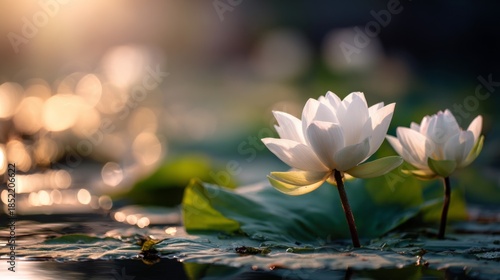 Serene Water Lilies Floating Gracefully on Calm Waters Surrounded by Lush Green Leaves with Soft Sunlight Enhancing Natural Beauty and Tranquility