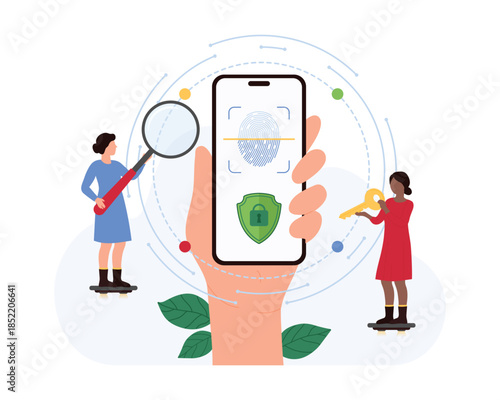 Biometric identification, unique fingerprint scan for authentication. Hand holding mobile phone with thumbprint scanner on screen, tiny people with key and magnifying glass cartoon vector illustration