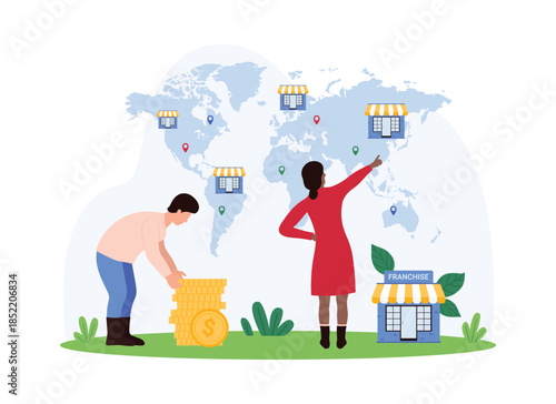 Global franchise expansion around world, business empire development. Tiny people pointing at location pins of branches, small building of office, shop or restaurant on map cartoon vector illustration