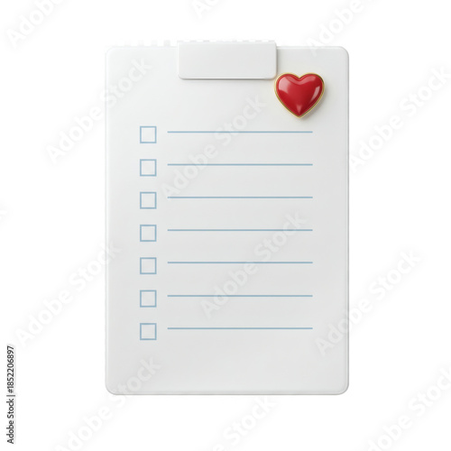 White Clipboard With Red Heart Shaped Pin And Blue Lined Paper Checklist With Square Boxes And Transparent Background