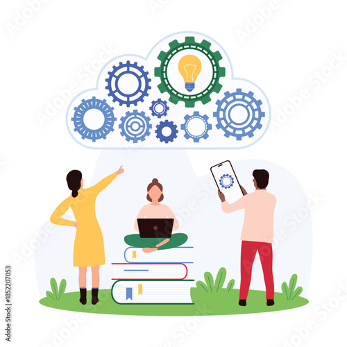 Cloud computing services, database infrastructure system, configuration and parameters setting. Tiny people work online with gears and light bulb inside cloud contour cartoon vector illustration
