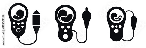 Fetal Doppler Silhouette Icons Set – Pregnancy Ultrasound Device Vector Illustration for Prenatal Care, Baby Heartbeat Monitoring, Medical Equipment, and Healthcare Design
