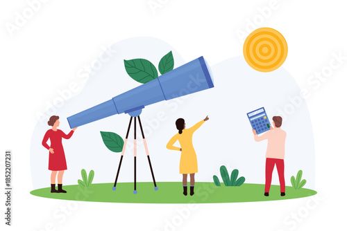 Vision of future opportunity and direction, business forecast, career growth of company leader. Tiny people look through big telescope at target, search success idea cartoon vector illustration