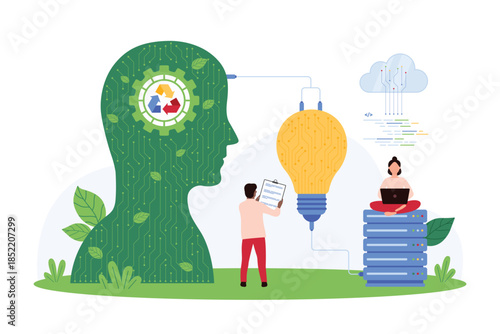 Green energy, development of waste recycling eco technology with help of AI. Tiny people connect virtual assistants head with recycle symbol, leaf and circuit to light bulb cartoon vector illustration