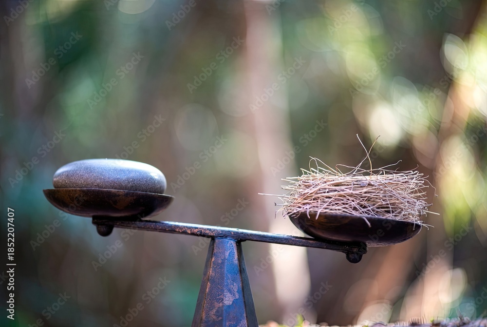 Obraz premium A visual metaphor of delicate equilibrium with a stone and a bird's nest on a scale