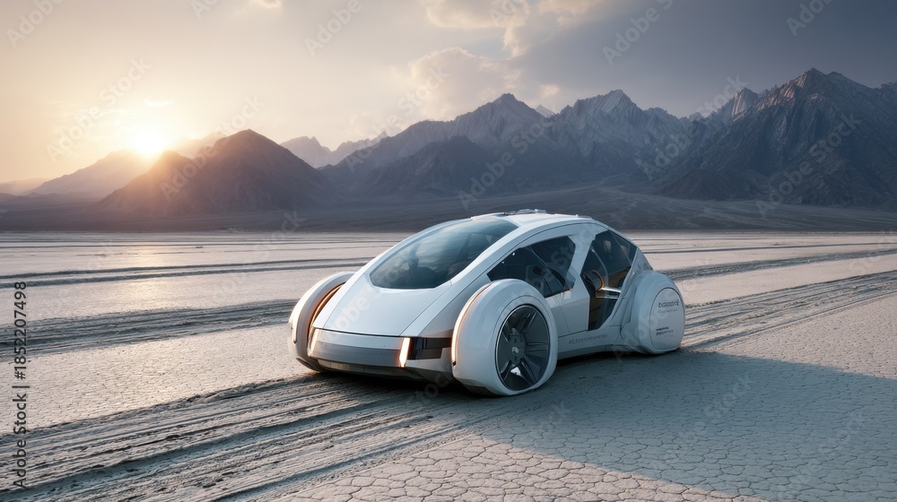 Fototapeta premium A futuristic vehicle travels across a dry lake bed as the sun sets on the horizon casting shadows on the cracked earth with mountains in the background.