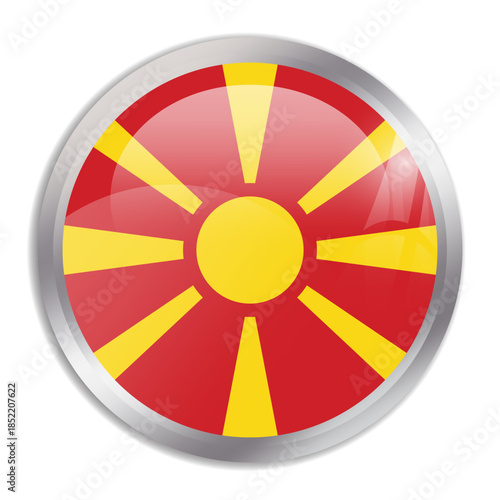 North Macedonia flag - glossy circle button in metal frame displays a colorful flag of a country cultural identity and heritage. The essence of national pride and unity.