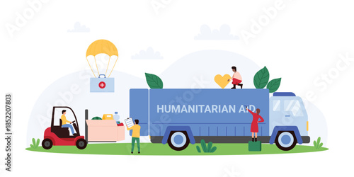 Charity to help and assistance people in need, humanitarian aid logistics, delivery by transport. Tiny people load boxes of emergency kits and food with forklift to truck cartoon vector illustration