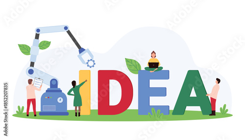 Automation of creative idea creation process, partnership of machine and author. Tiny people and factory robotic hand build together word Idea from colorful letters cartoon vector illustration