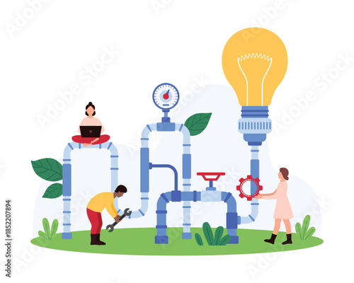 Idea generation process, solution creation and start of digital project. Tiny people connect factory pipeline and light bulb, work with success idea generator machine cartoon vector illustration