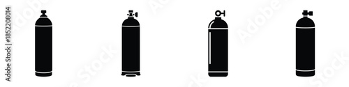 Oxygen Cylinder Silhouette Icons Set – Medical Gas Tank Vector Illustration for Hospital Equipment, Respiratory Support, Emergency Care, and Healthcare Treatment Design