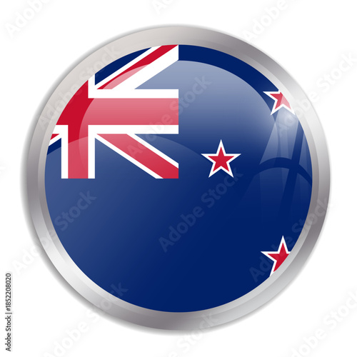 New Zealand flag - glossy circle button in metal frame displays a colorful flag of a country cultural identity and heritage. The essence of national pride and unity.