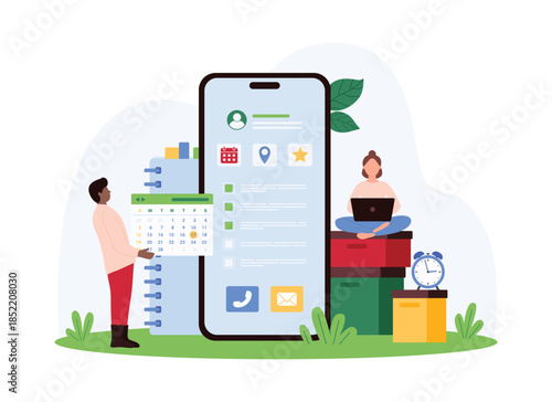 Time management, online organizer, schedule planning in mobile app. Tiny people holding calendar to plan company event or meeting, business task on smartphone screen cartoon vector illustration