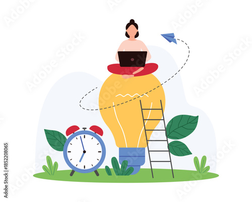 Productive creative employee work process, efficiency and productivity of business strategy, time management. Tiny woman sitting with laptop on big bright light bulb cartoon vector illustration