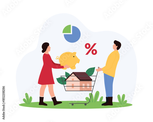 Real estate investment. Tiny people investors holding piggy bank and shopping cart with residential house to buy property, owners invest money of family budget in ownership cartoon vector illustration