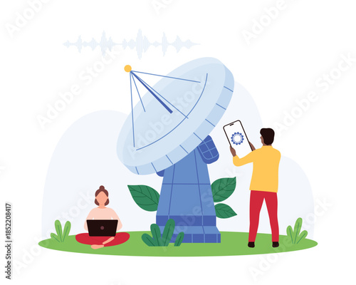 Space radar connection, telecommunication tower of astronomical observatory and mobile station. Tiny people control digital signal of satellite with parabolic antenna cartoon vector illustration