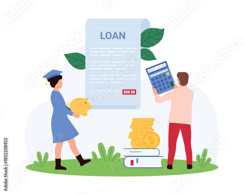 Cost of college or university education and graduation, diploma investment, student loans. Tiny people in cap of graduate holding piggy bank with savings and calculator cartoon vector illustration