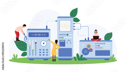 Engineers working with advanced audio equipment. One adjusts a knob, another checks settings, and a third uses a laptop. Various controls and monitors are displayed vector illustration.