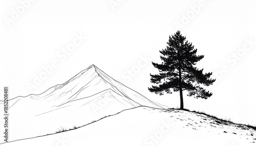 mountain outline with single pine tree and black line art on white background