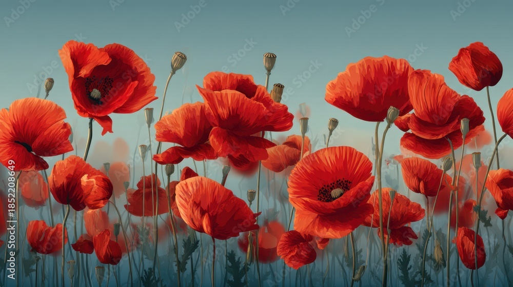 Obraz premium Red poppy flowers stand tall in a field under a clear sky. The flowers display bright colors surrounded by greenery. This scene captures the essence of nature in full bloom.