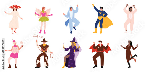 People with carnival costumes set. Happy male and female characters dance to music on Halloween party, cowboy and fairy, witch cat, superhero and vampire on masquerade cartoon vector illustration
