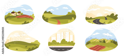 City and summer village landscapes set. Urban scenes with modern buildings at highway, factory chimneys and green meadow, road through hills, arable fields and forest cartoon vector illustration