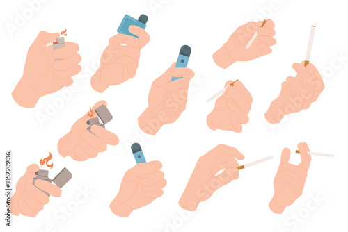 Hands with different smoking gestures set. Human fingers of smoker and addict holding tobacco cigarette and lighter to smoke, giving nicotine cigar and lighting fire cartoon vector illustration
