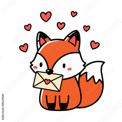 cute cartoon fox holding a love letter in a mouth with hearts floating around, vaneltine's day animal illustration