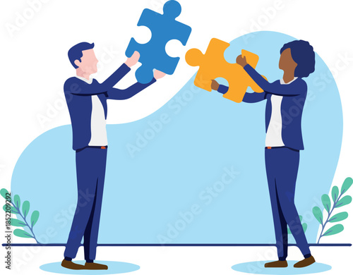 Business puzzle - Two businesspeople solving problem and connecting jigsaw puzzle pieces together. Flat design vector illustration with white background.