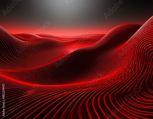 dynamic red and black pattern with illusionary wave grid curved motion transforms the field into a bold graphic landscape abstraction for modern technology virtual visuals or creative design