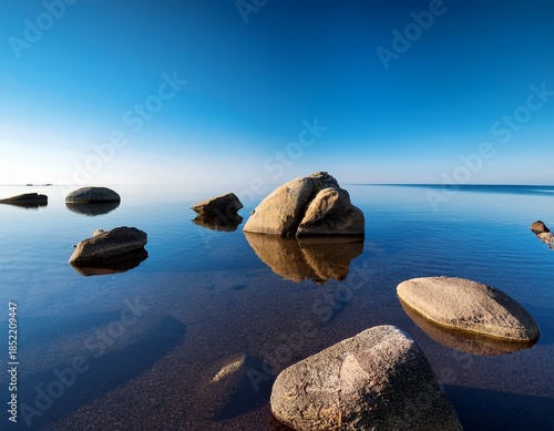 calm ocean shore with rocks reflecting in water under clear blue sky