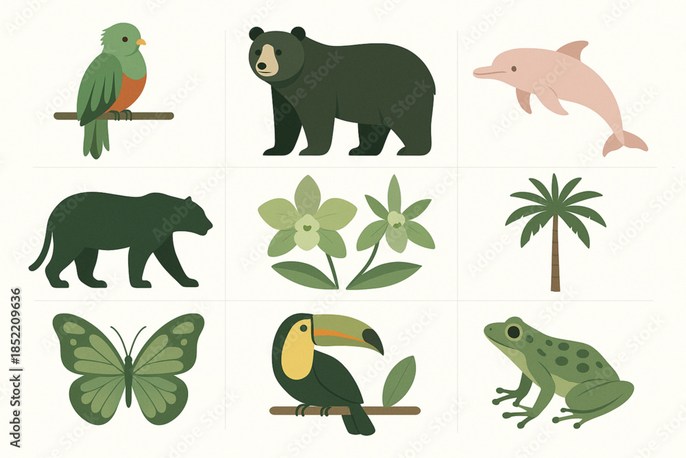 Fototapeta premium Colombian Biodiversity Icon Set with Quetzal, Spectacled Bear and Amazonian Wildlife
