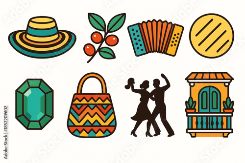 Colombian Culture Icon Set with Sombrero Vueltiao, Coffee, Vallenato and Traditional Symbols