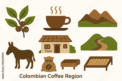 Colombian Coffee Region Icon Set with Coffee Plant, Finca House and Rural Symbols