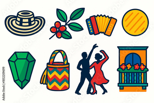 Colombian Culture Icon Set with Sombrero Vueltiao, Coffee, Vallenato and Traditional Symbols