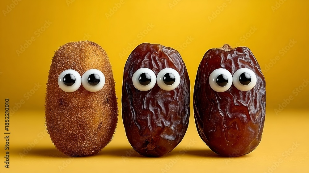 Fototapeta premium Three whimsical fruits with googly eyes, featuring a fuzzy brown fruit and two shiny dark fruits, arranged playfully against a vibrant yellow background, creating a fun and cheerful atmosphere