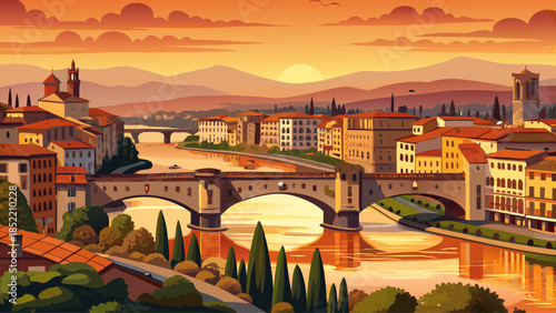 Very beautiful sunset view over the Arno River in Florence, with historic bridges, warm golden reflections, pastel sky, and elegant Renaissance architecture creating a timeless Italian cityscape.