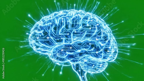 Glowing blue digital brains with circuit lines on green background, technology