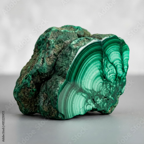 A collectible geological specimen of Russian malachite - copper ore secondary mineral with distinctive green concentric botryoidal banding on a cut polished face