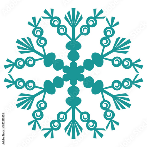 Blue template snowflake with shadow. Isolated snowflakes icon, round mandala. Winter Holiday cartoon flat illustration. Merry Christmas and New year Vector. Hand draw style.