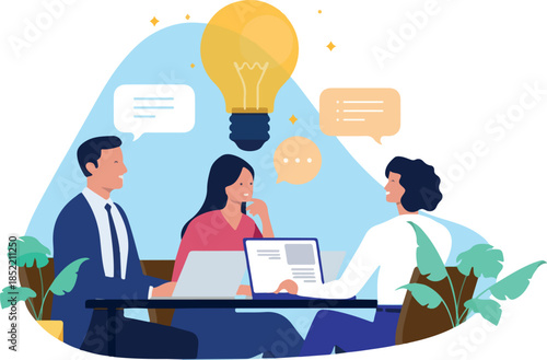 Business team brainstorming and collaborating on new ideas, solving problems and developing strategy at a meeting with a giant lightbulb and speech bubbles, flat design vector illustration.